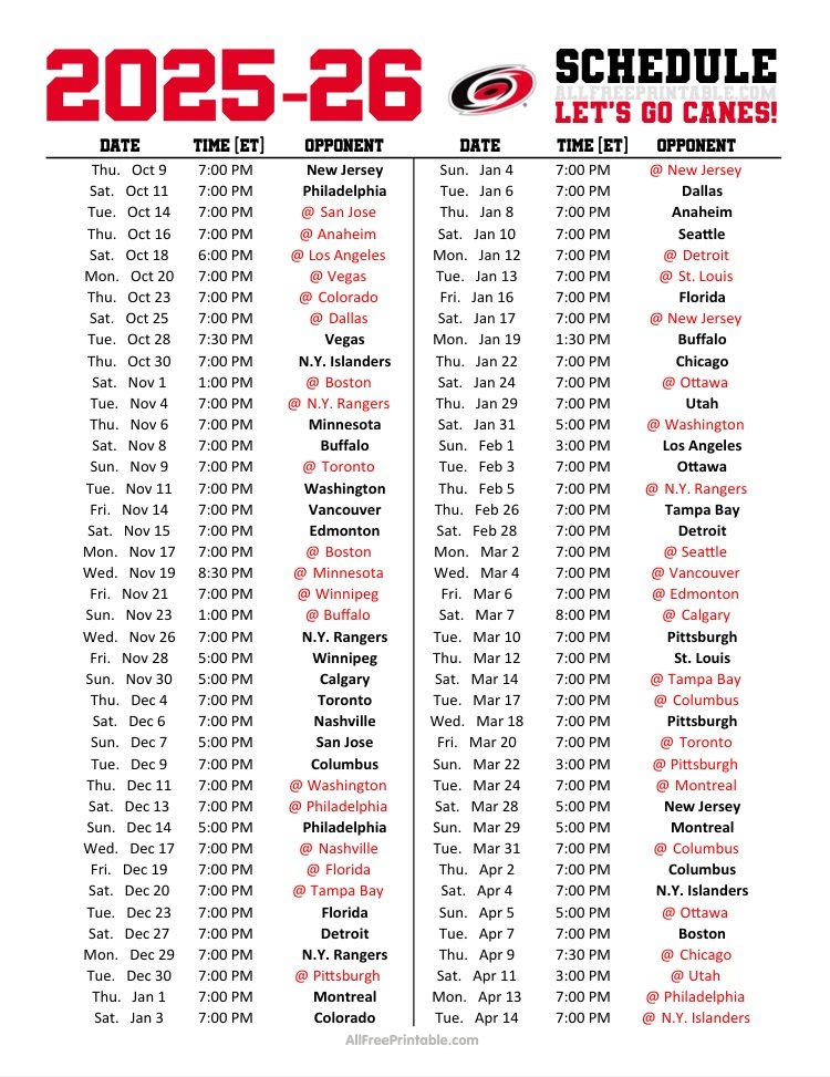 Free Printable 2025-26 Carolina Hurricanes Schedule Free Printable 2025-26 Carolina Hurricanes Schedule