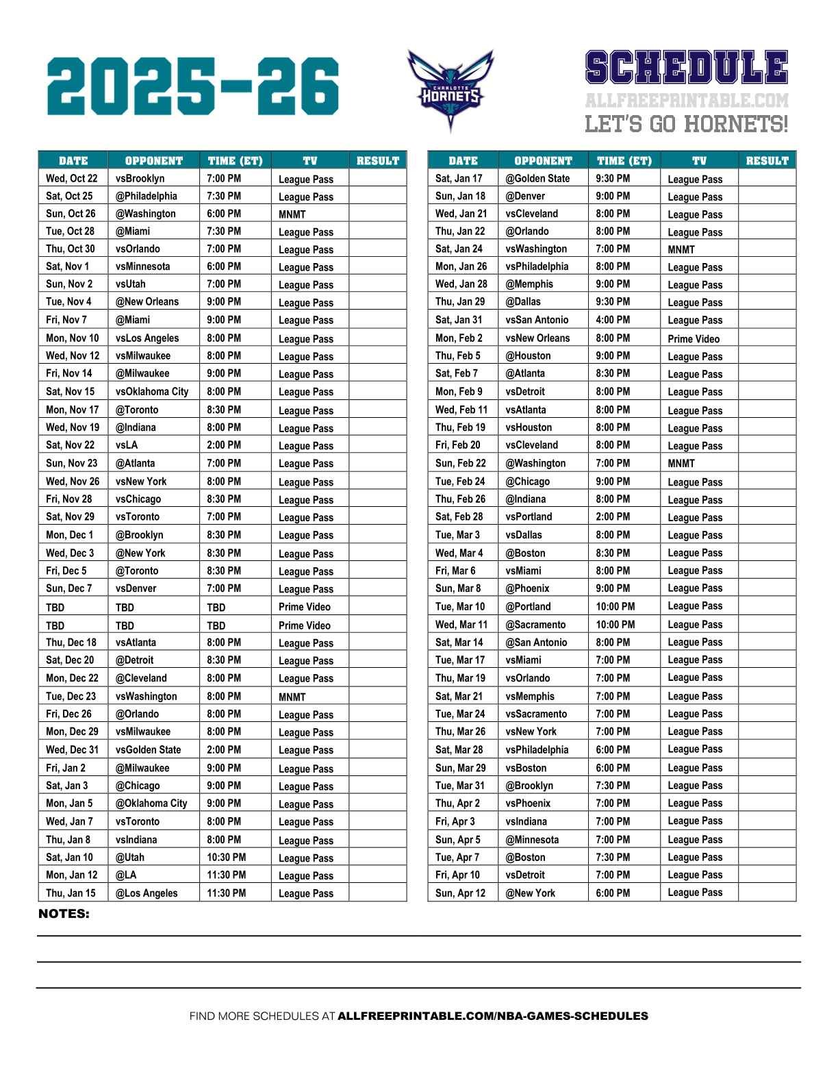 Free Printable 2025-26 Charlotte Hornets Schedule