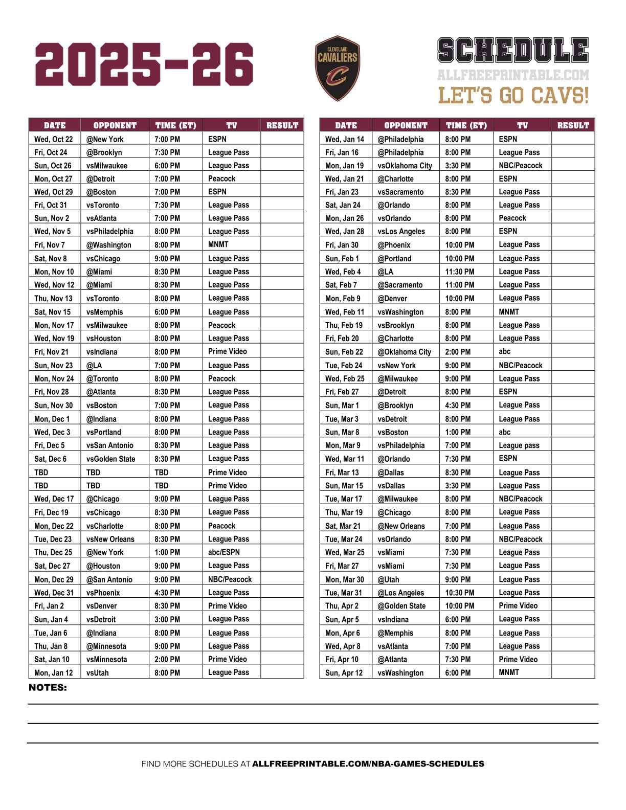 Free Printable 2025-26 Cleveland Cavaliers Schedule