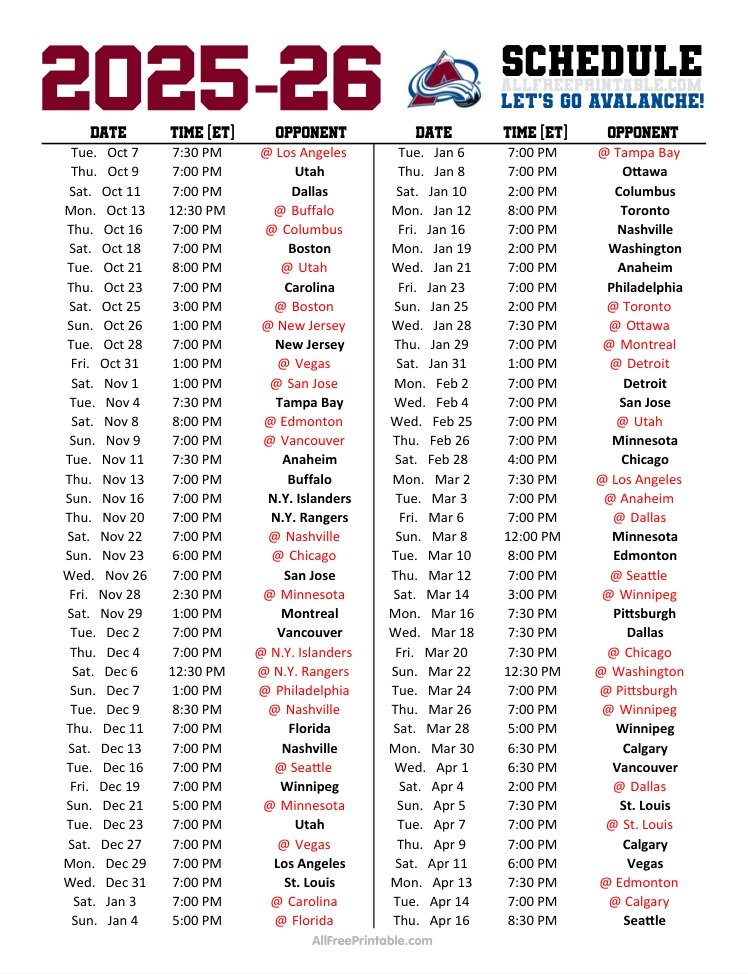 Free Printable 2025-26 Colorado Avalanche Schedule Free Printable 2025-26 Colorado Avalanche Schedule