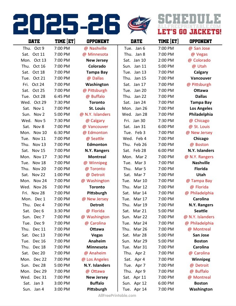 Free Printable 2025-26 Columbus Blue Jackets Schedule Free Printable 2025-26 Columbus Blue Jackets Schedule