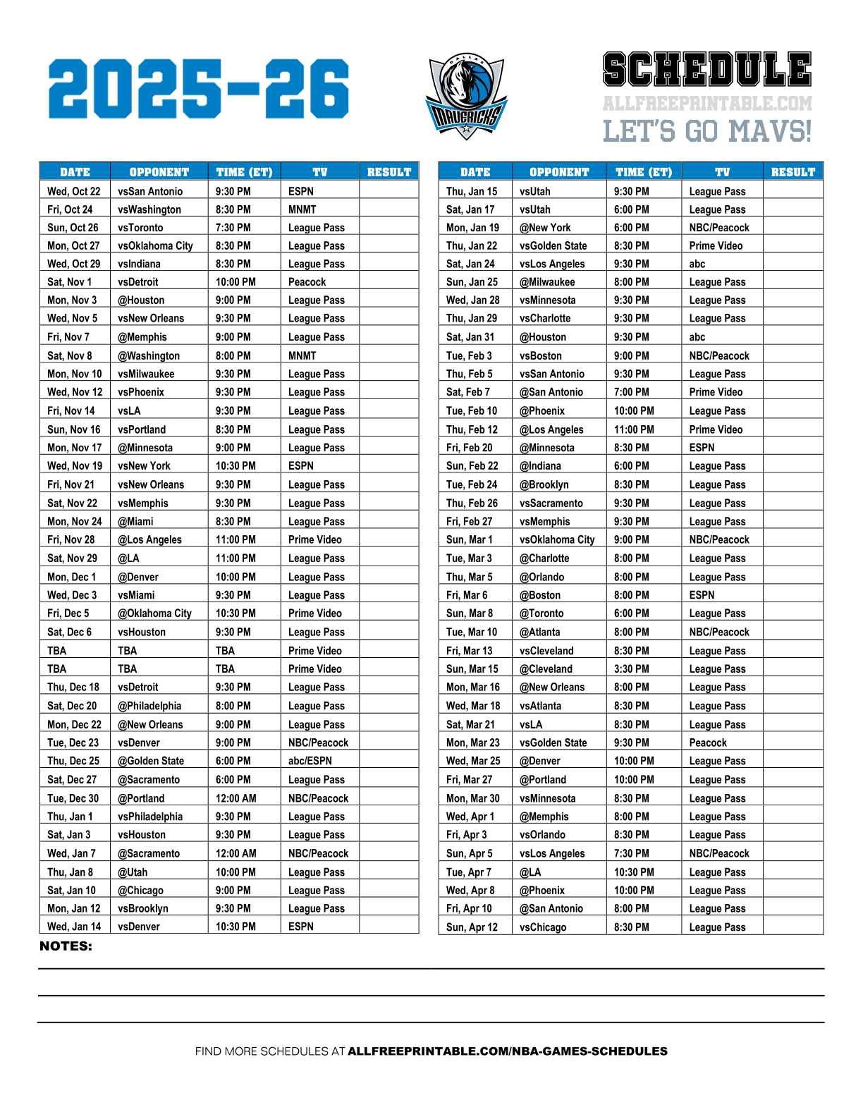 Free Printable 2025-26 Dallas Mavericks Schedule Free Printable 2025-26 Dallas Mavericks Schedule