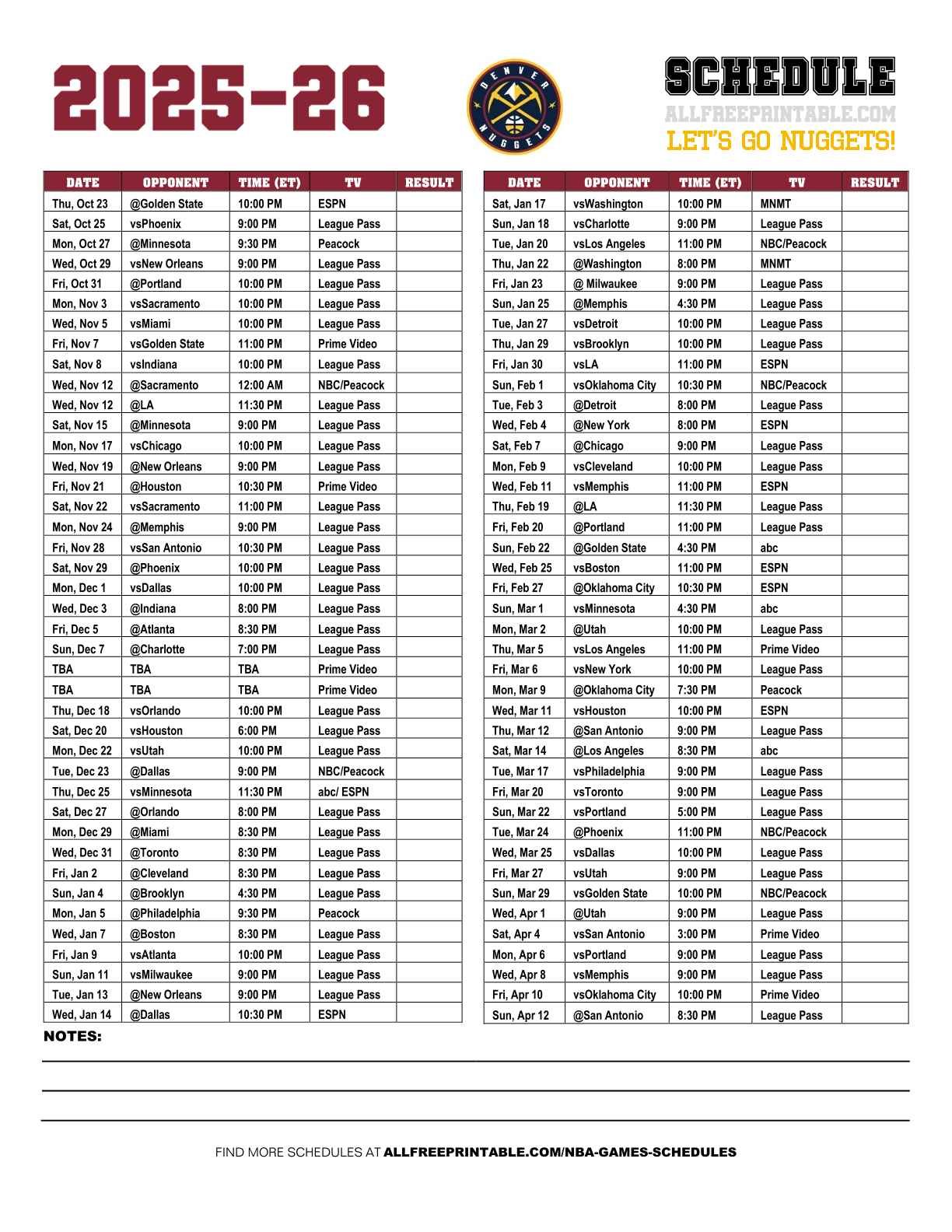 Free Printable 2025 Denver Nuggets Schedule