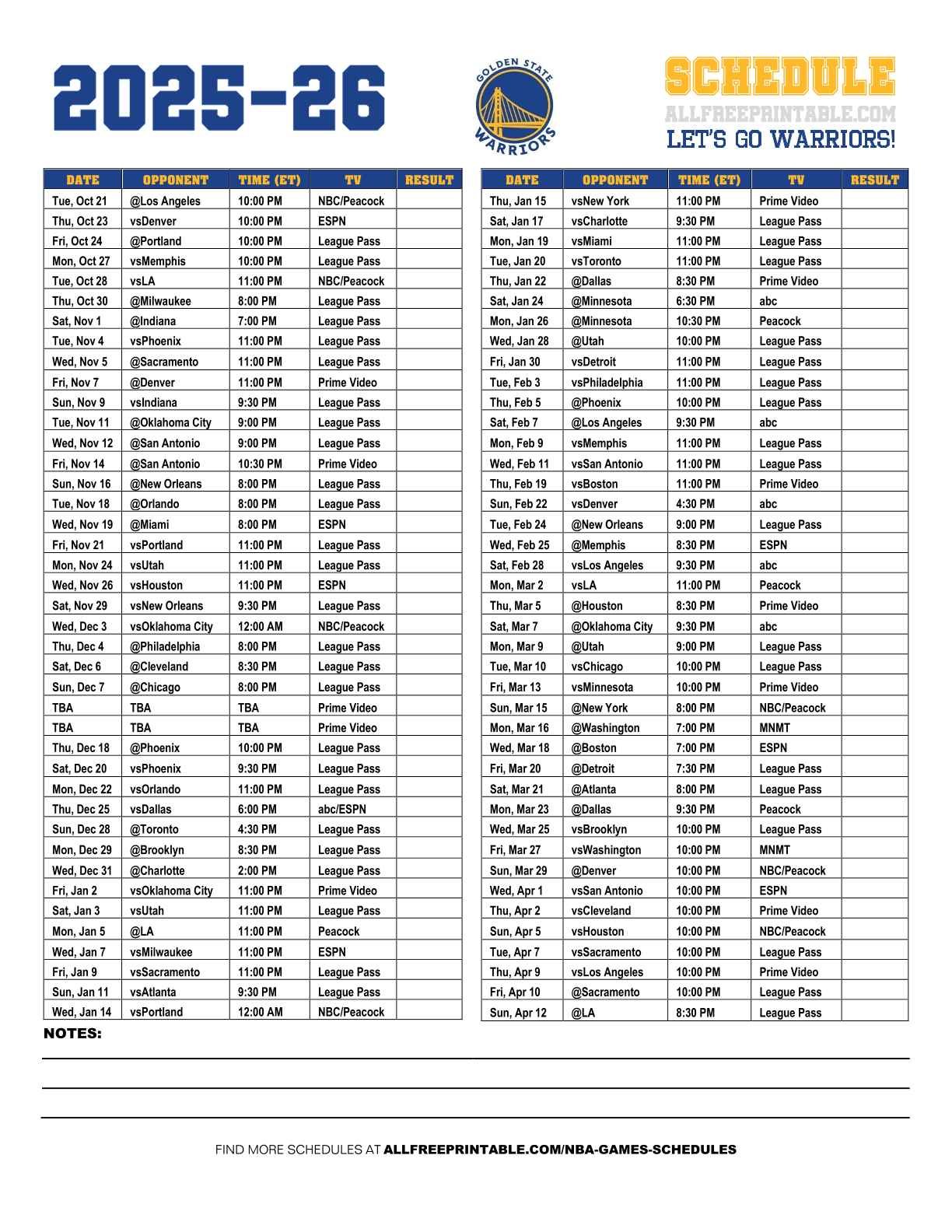 Free Printable 2025-26 Golden State Warriors Schedule