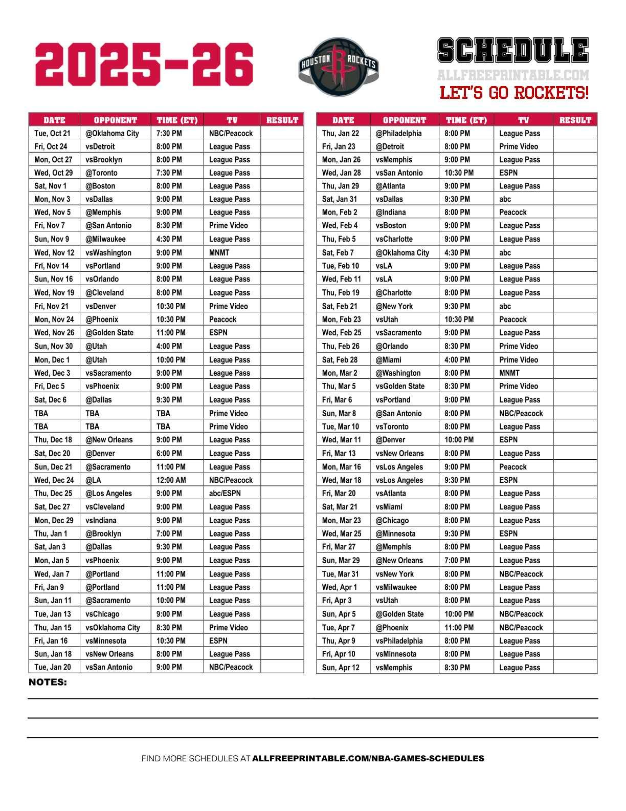 Free Printable 2025-26 Houston Rockets Schedule