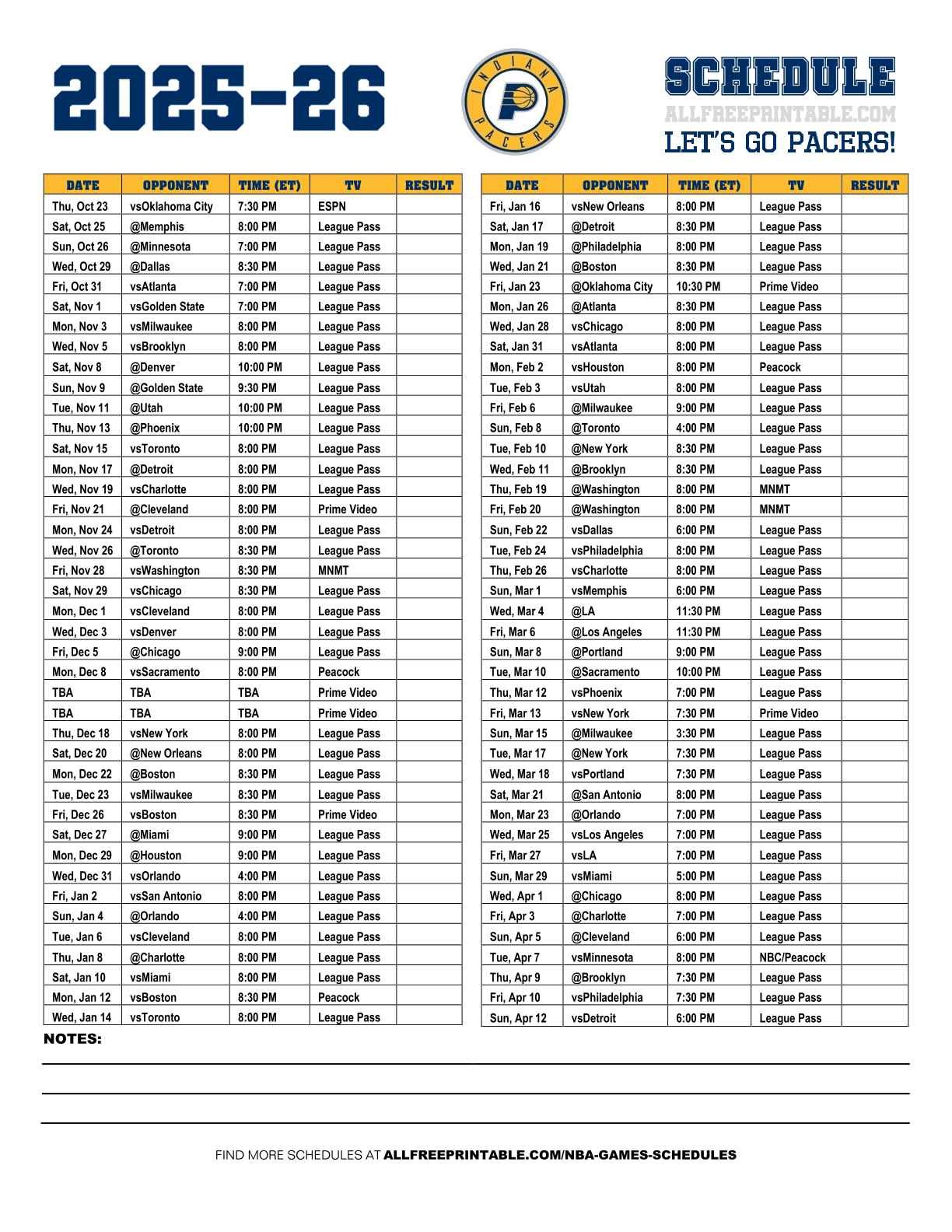 Free Printable 2025-26 Indiana Pacers Schedule