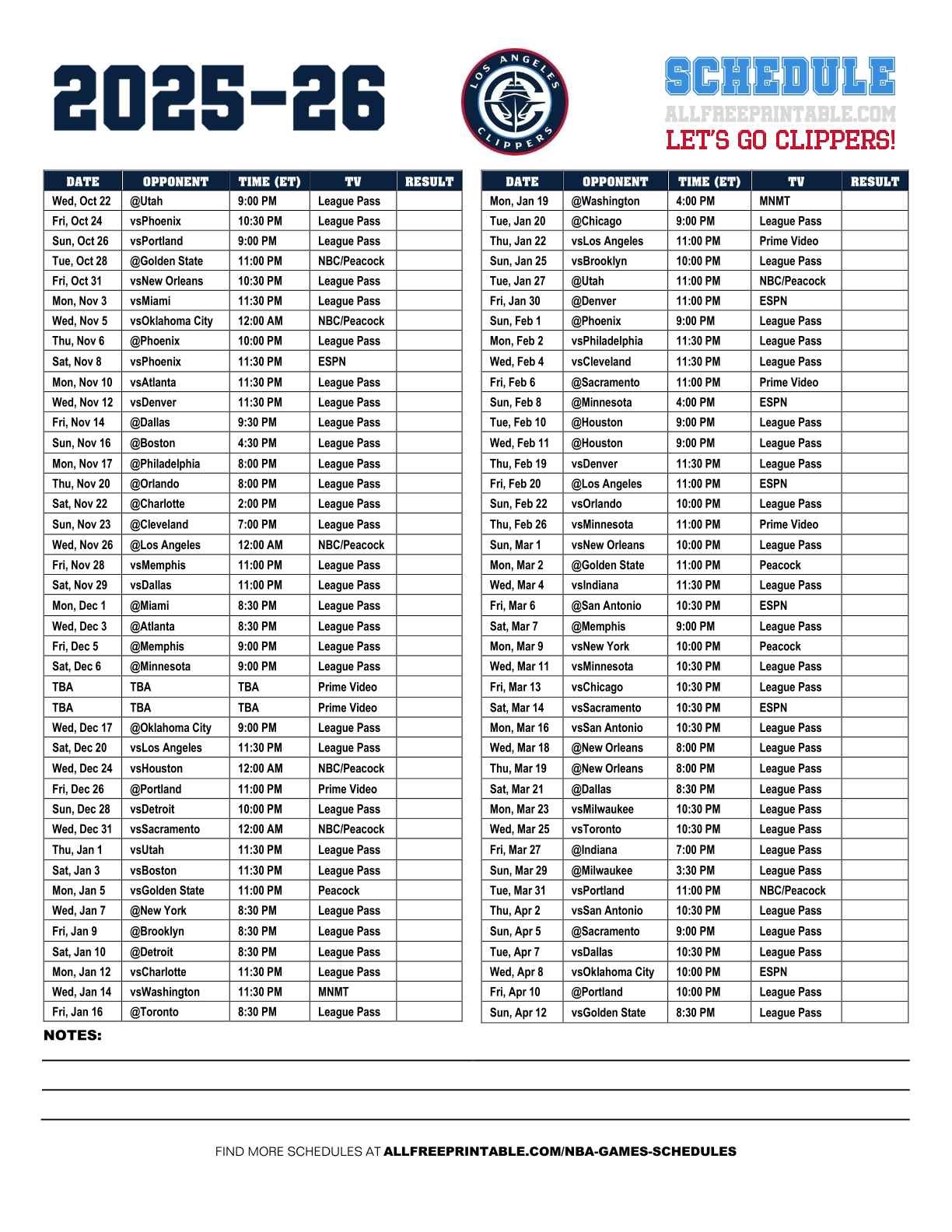 Free Printable 2025-26 Los Angeles Clippers Schedule