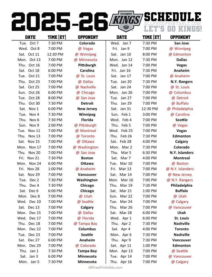Free Printable 2025-26 Los Angeles Kings Schedule Free Printable 2025-26 Los Angeles Kings Schedule