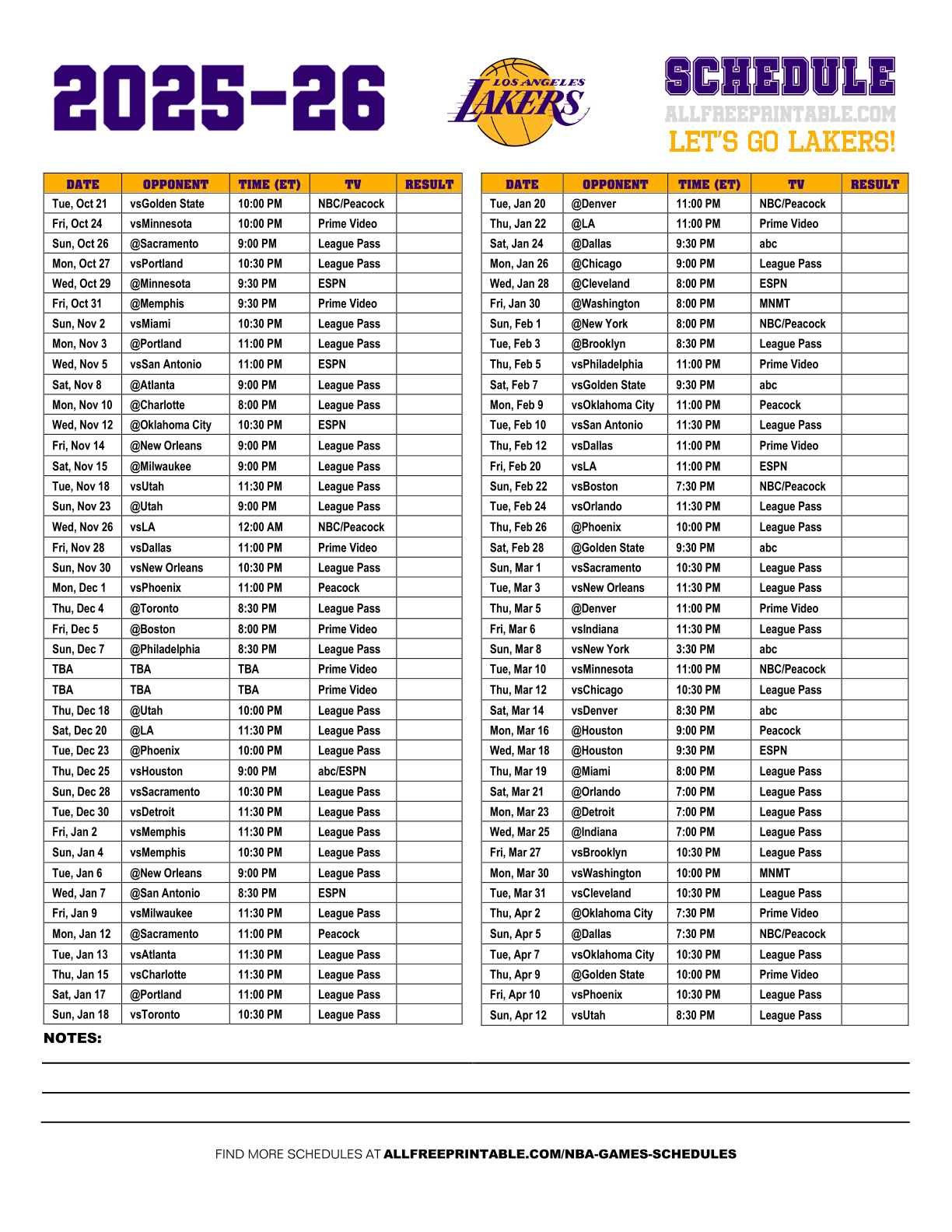 Free Printable 2025-26 Los Angeles Lakers Schedule