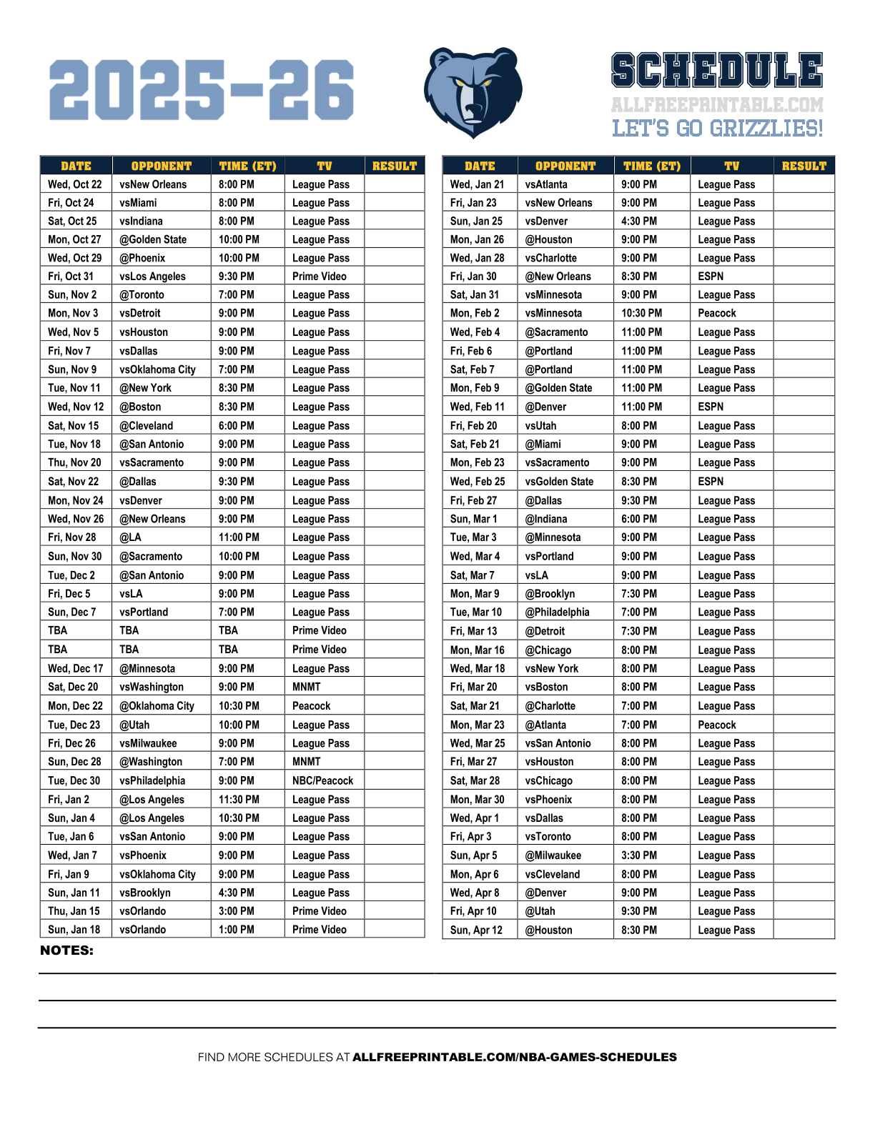 Free Printable 2025-26 Memphis Grizzlies Schedule