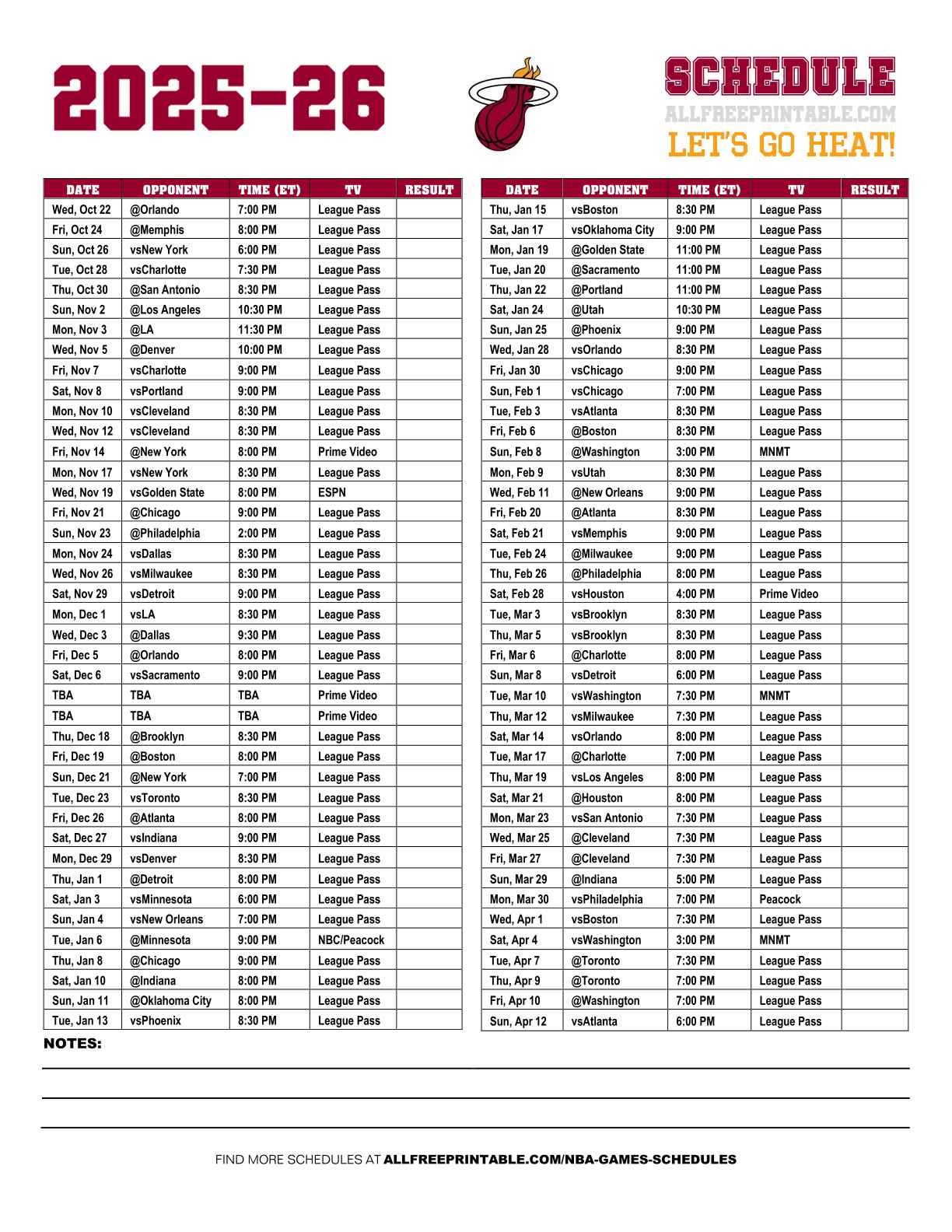 Free Printable 2025-26 Miami Heat Schedule