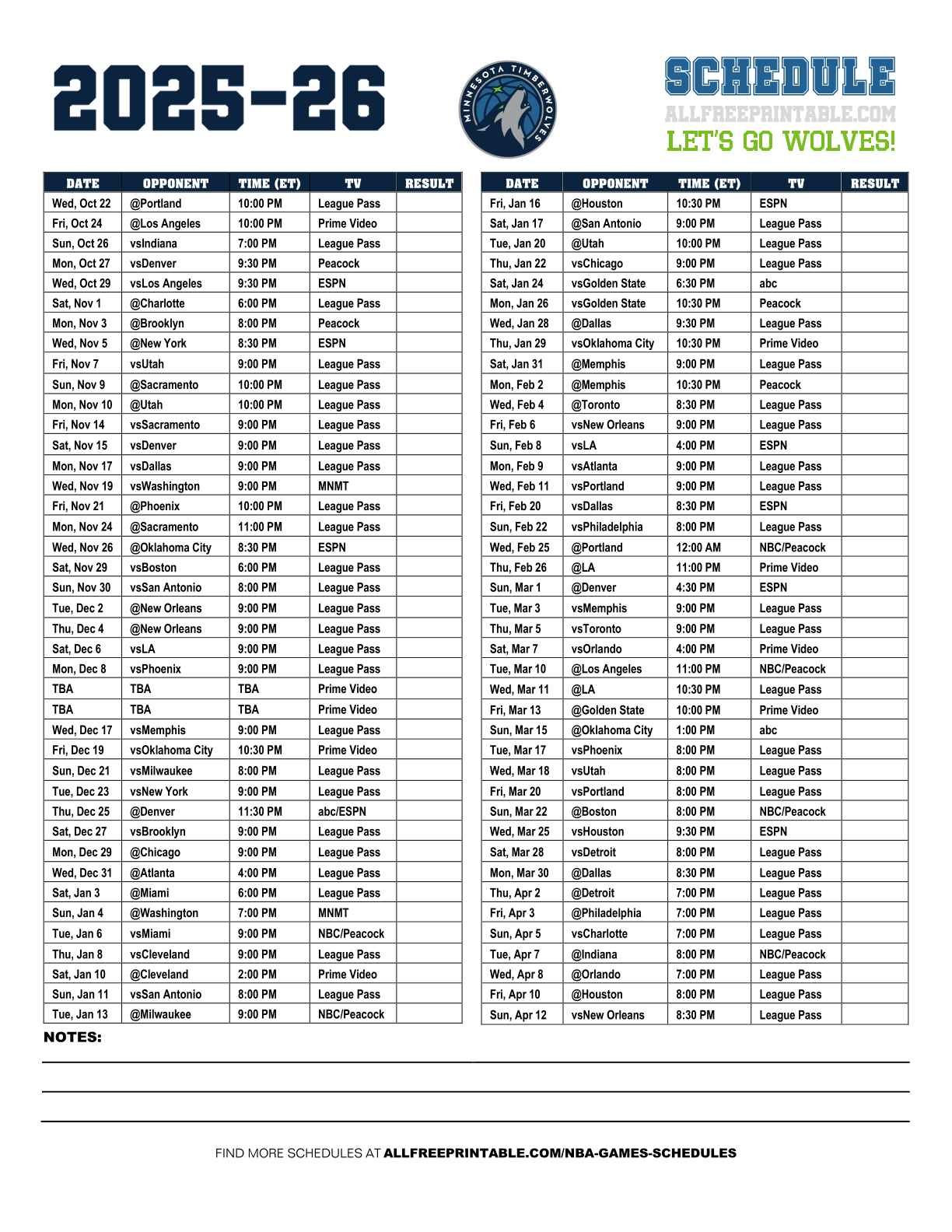 Free Printable 2025-26 Minnesota Timberwolves Schedule