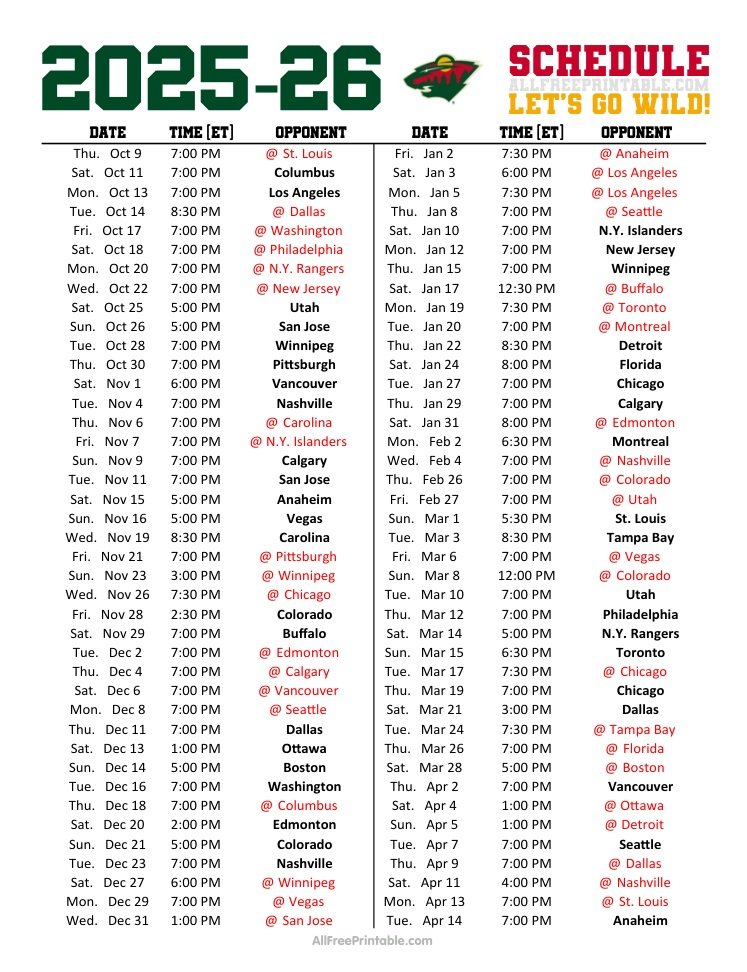 Free Printable 2025-26 Minnesota Wild Schedule Free Printable 2025-26 Minnesota Wild Schedule