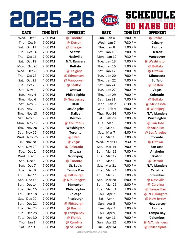 Free Printable 2025-26 Montreal Canadiens Schedule Free Printable 2025-26 Montreal Canadiens Schedule