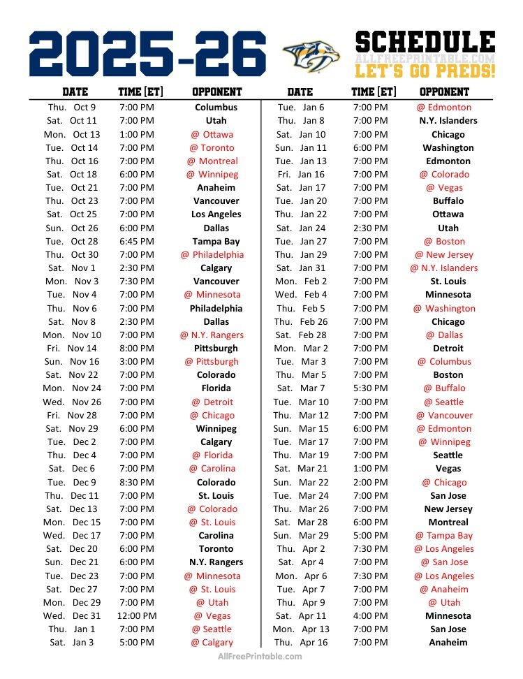 Free Printable 2025-26 Nashville Predators Schedule Free Printable 2025-26 Nashville Predators Schedule