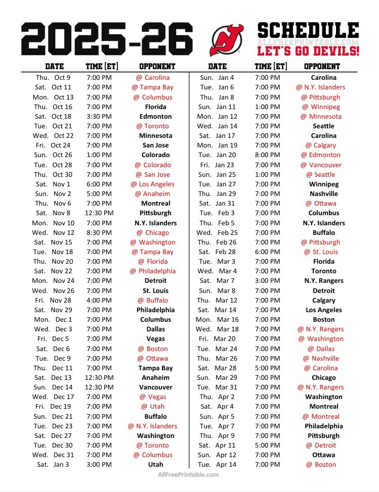 Free Printable 2025-26 New Jersey Devils Schedule Free Printable 2025-26 New Jersey Devils Schedule