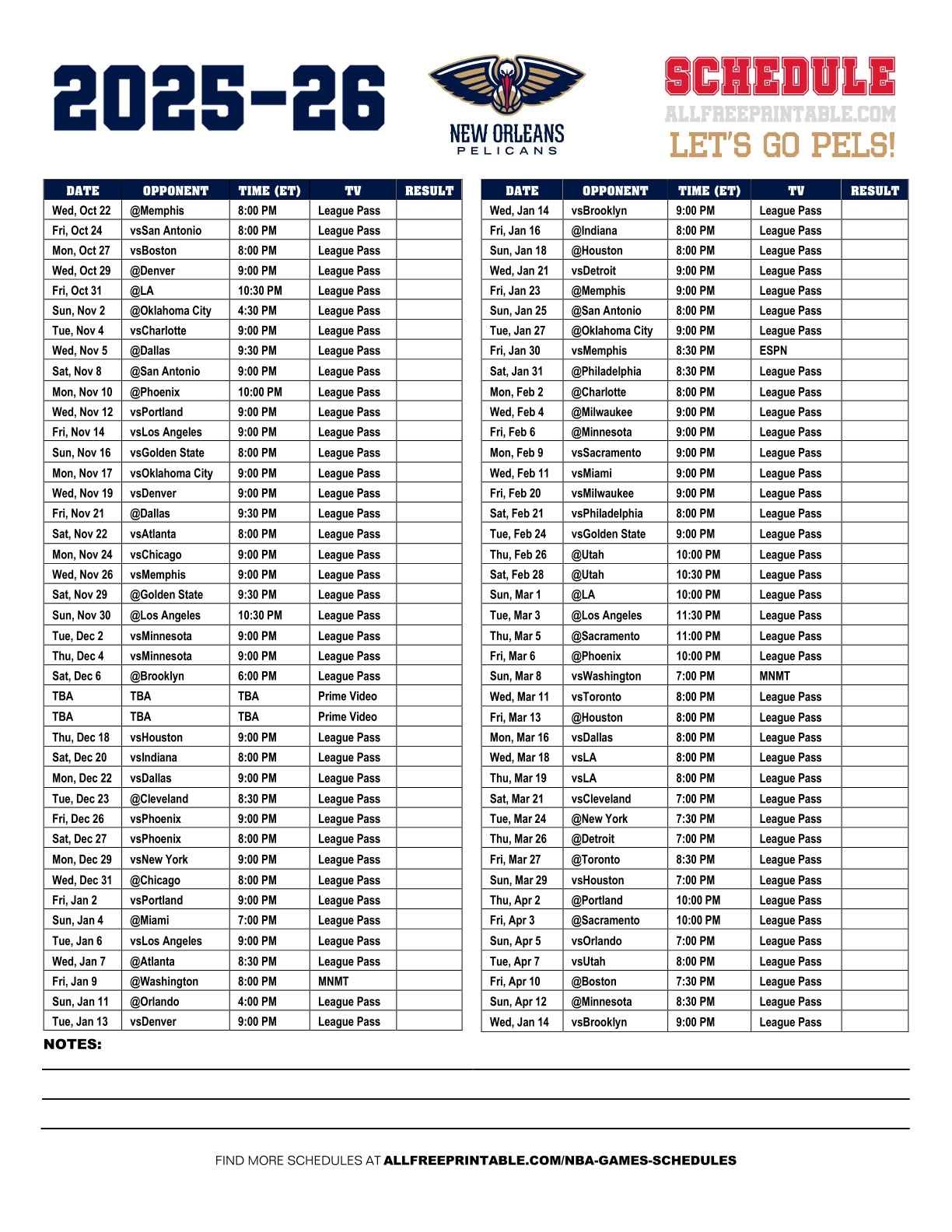 Free Printable 2025-26 New Orleans Pelicans Schedule