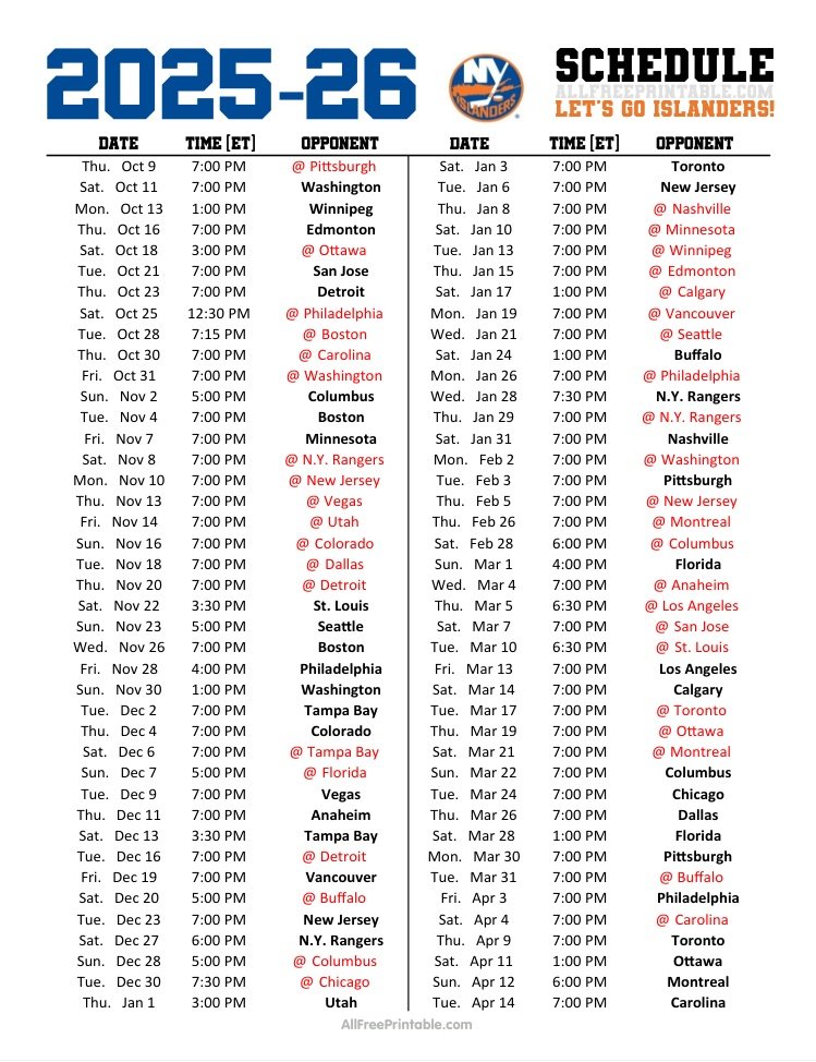 Free Printable 2025-26 New York Islanders Schedule Free Printable 2025-26 New York Islanders Schedule