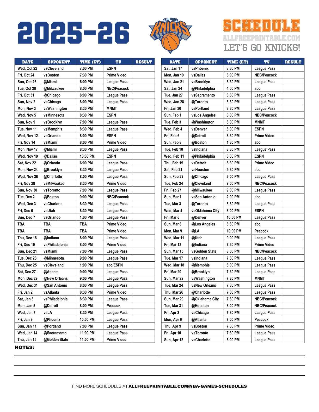 Free Printable 2025-26 New York Knicks Schedule