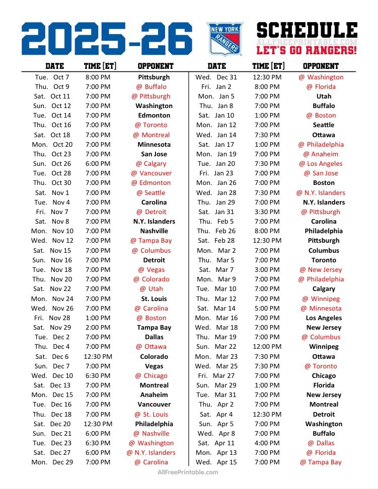 Free Printable 2025-26 New York Rangers Schedule Free Printable 2025-26 New York Rangers Schedule