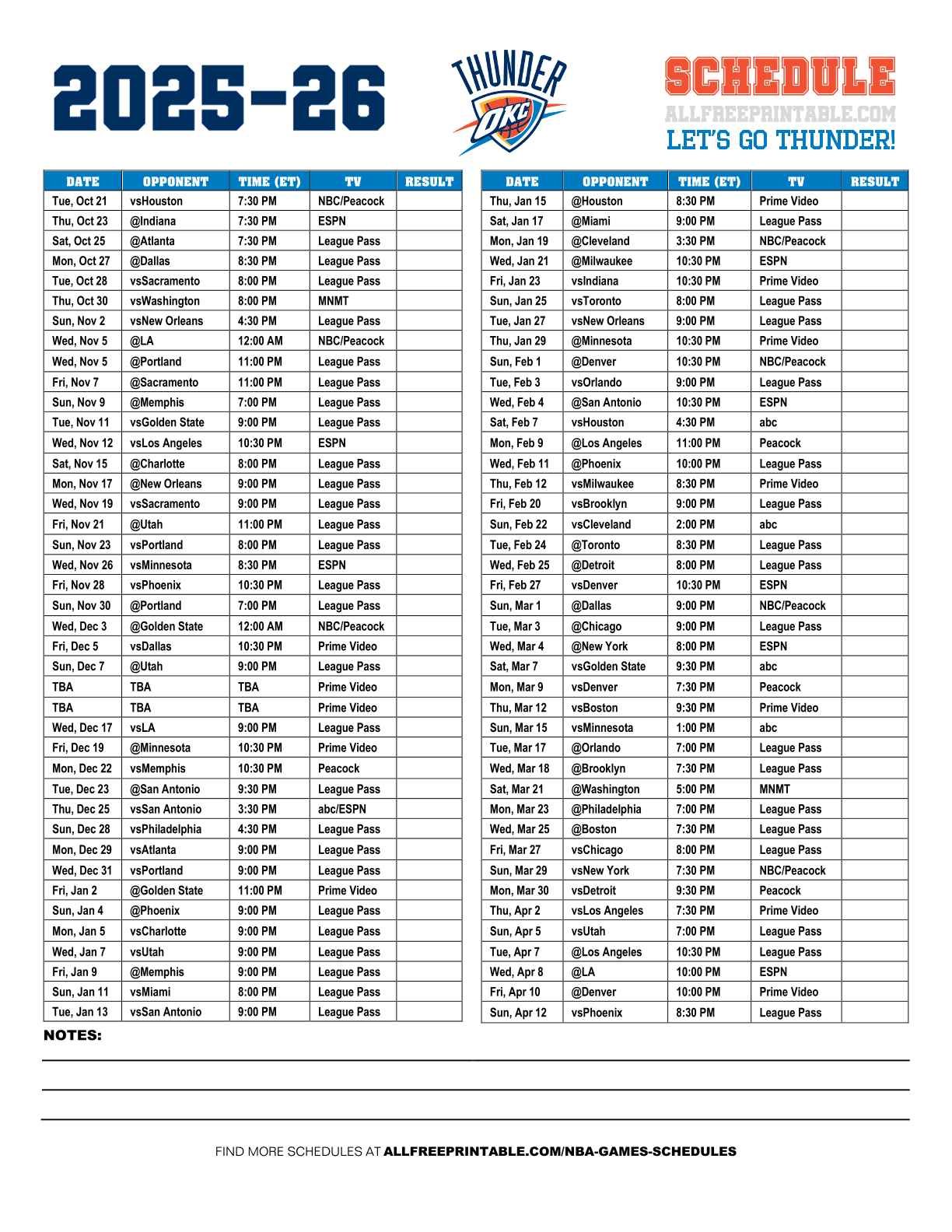 Free Printable 2025-26 Oklahoma City Thunder Schedule