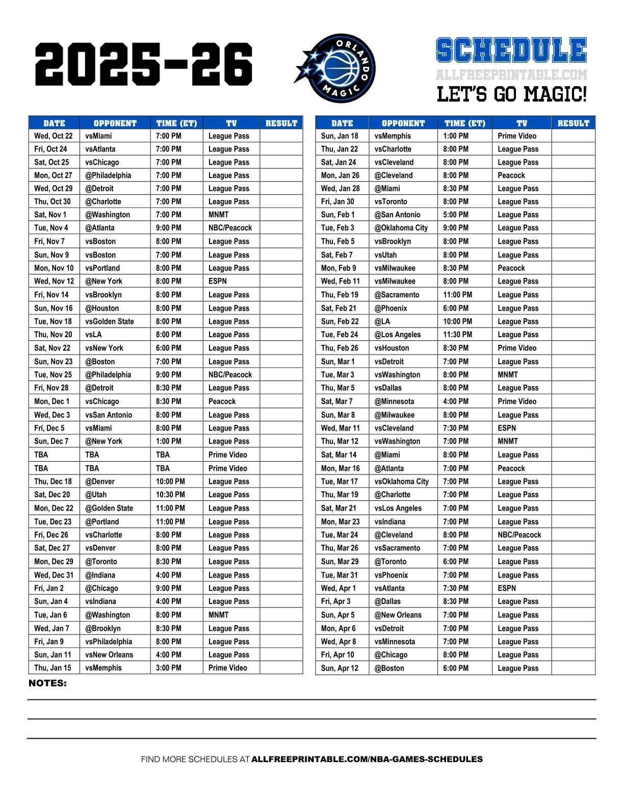 Free Printable 2025-26 Orlando Magic Schedule