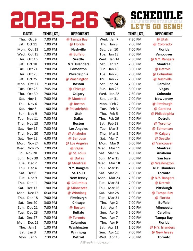 Free Printable 2025-26 Ottawa Senators Schedule Free Printable 2025-26 Ottawa Senators Schedule