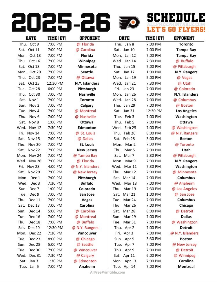 Free Printable 2025-26 Philadelphia Flyers Schedule Free Printable 2025-26 Philadelphia Flyers Schedule