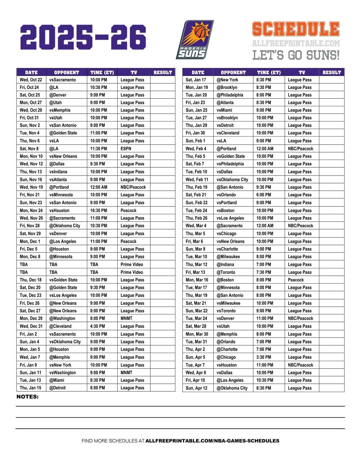 Free Printable 2025-26 Phoenix Suns Schedule