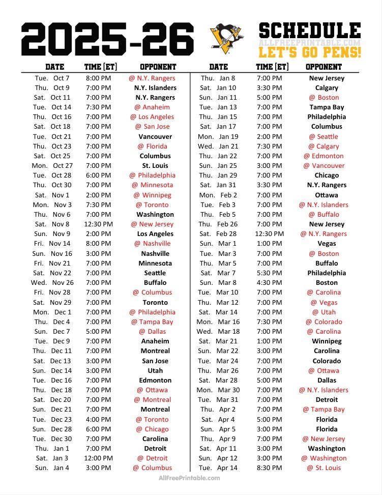 Free Printable 2025-26 Pittsburgh Penguins Schedule Free Printable 2025-26 Pittsburgh Penguins Schedule