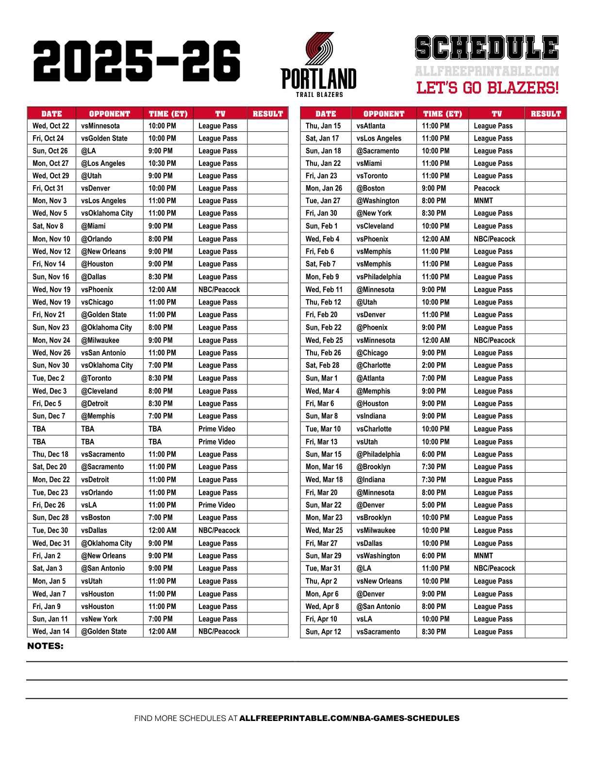 Free Printable 2025-26 Portland Trail Blazers Schedule