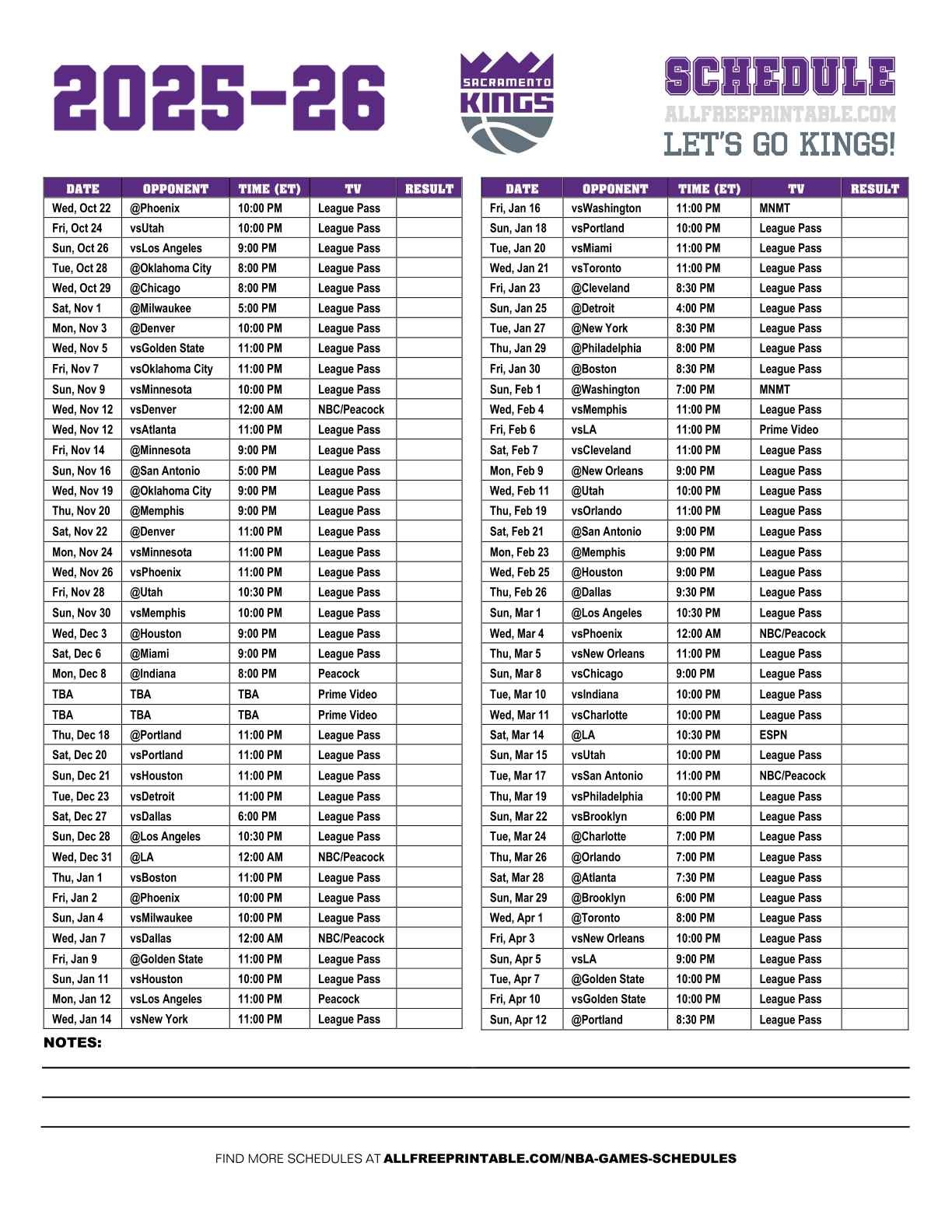 Free Printable 2025-26 Sacramento Kings Schedule Free Printable 2025-26 Sacramento Kings Schedule