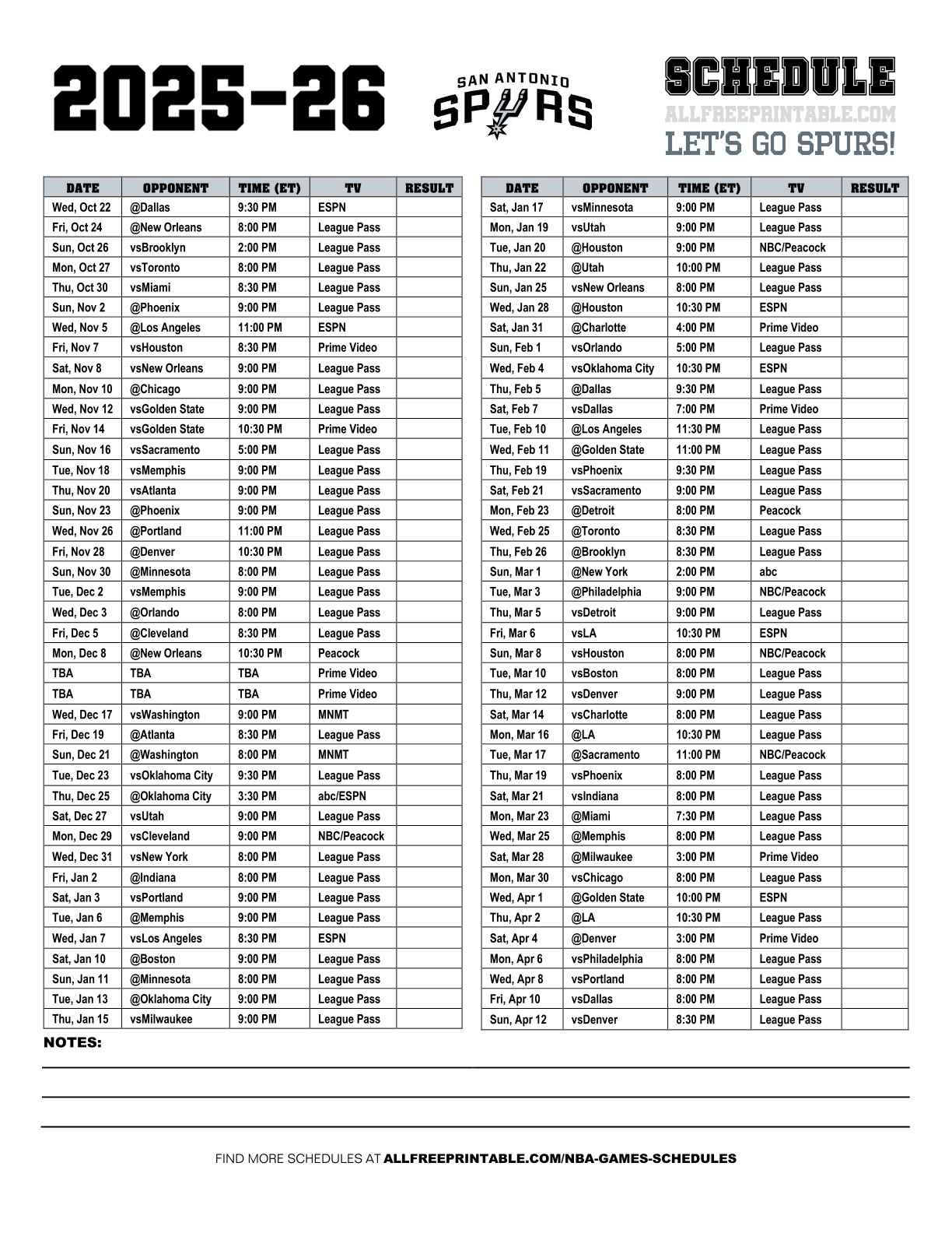 Free Printable 2025-26 San Antonio Spurs Schedule