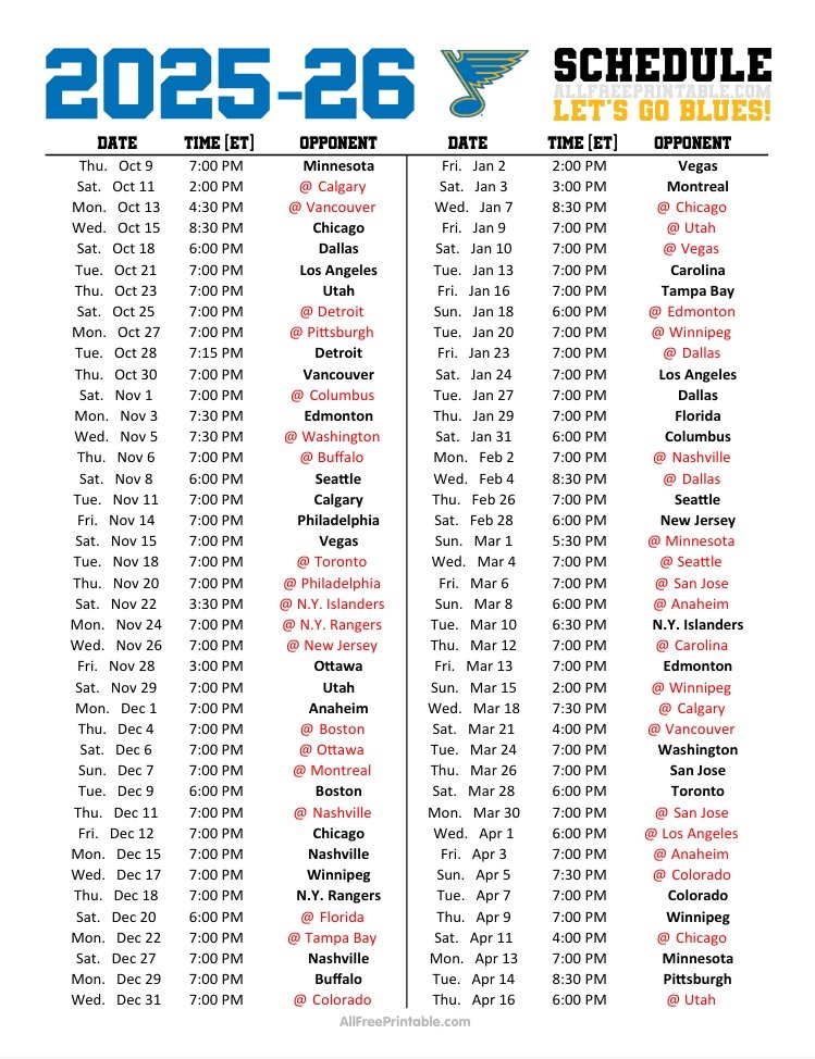 Free Printable 2025-26 St. Louis Blues Schedule