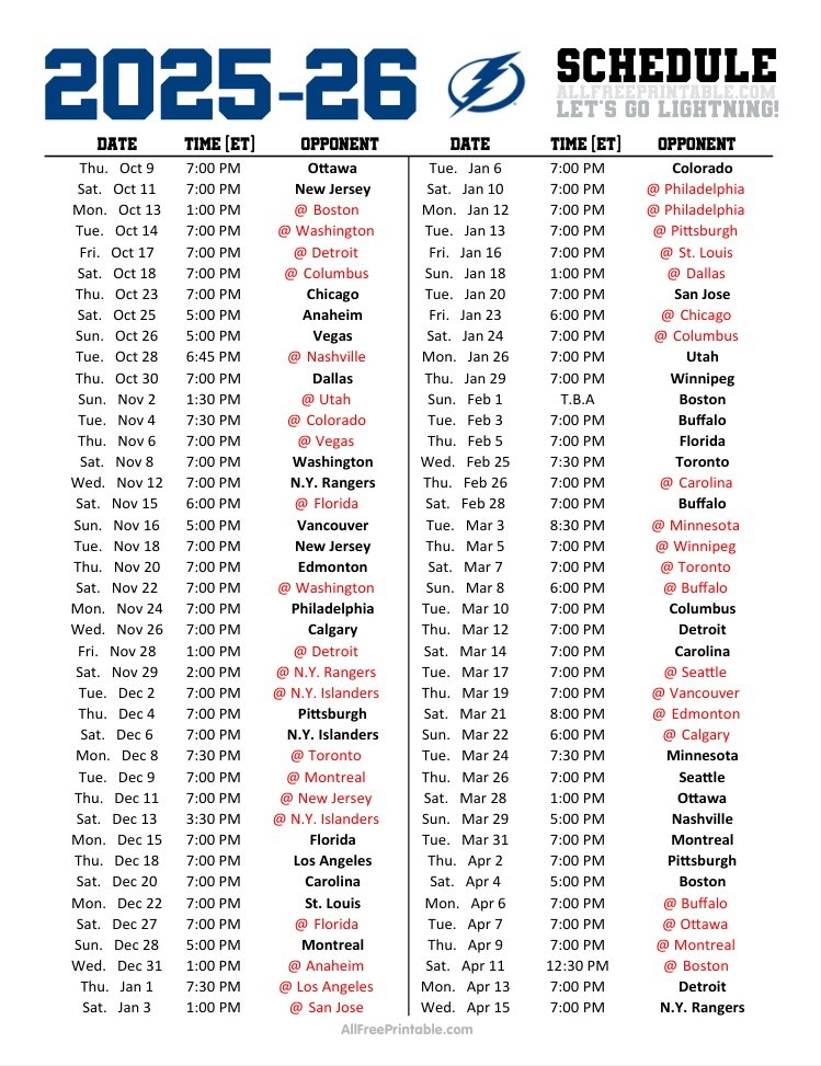 Free Printable 2025-26 Tampa Bay Lightning Schedule Free Printable 2025-26 Tampa Bay Lightning Schedule