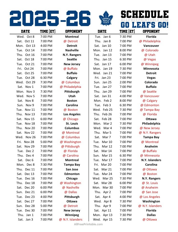 Free Printable 2025-26 Toronto Maple Leafs Schedule