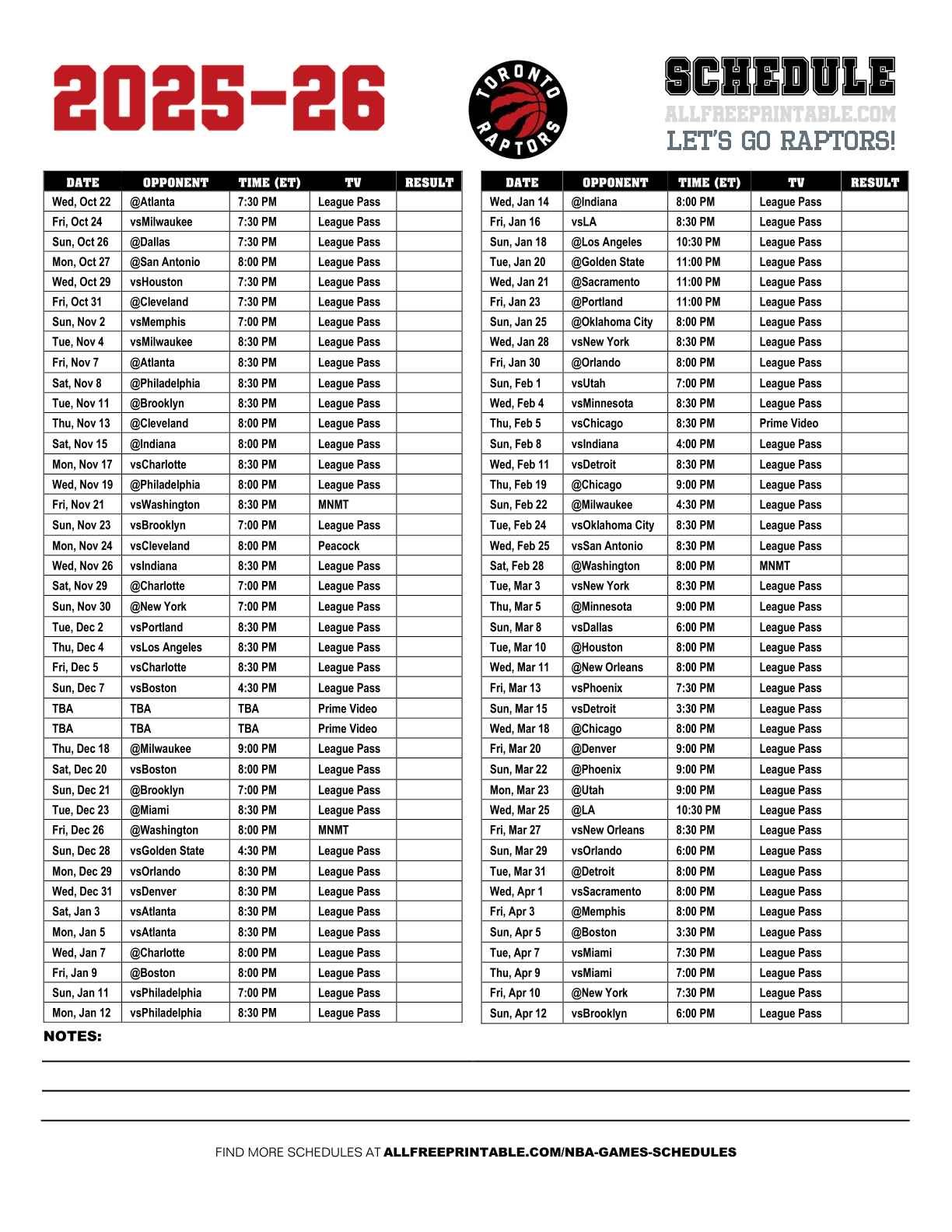 Free Printable 2025-26 Toronto Raptors Schedule