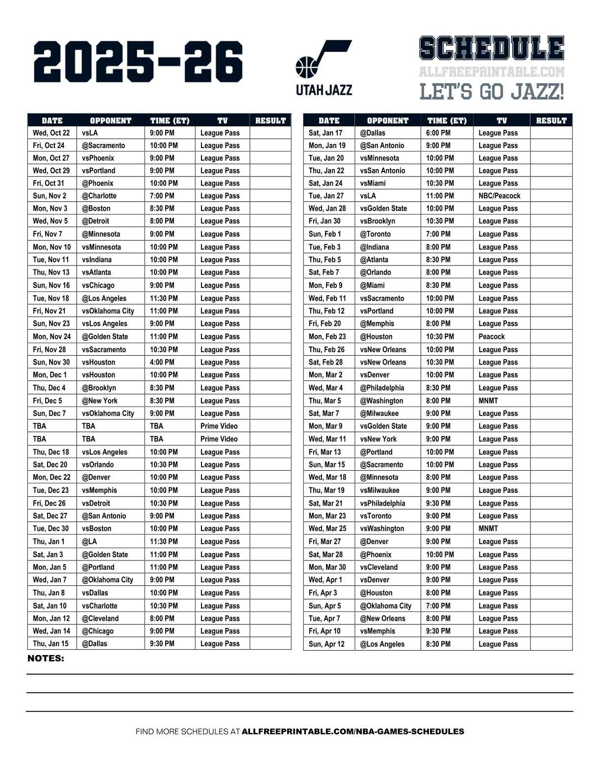 Free Printable 2025-26 Utah Jazz Schedule