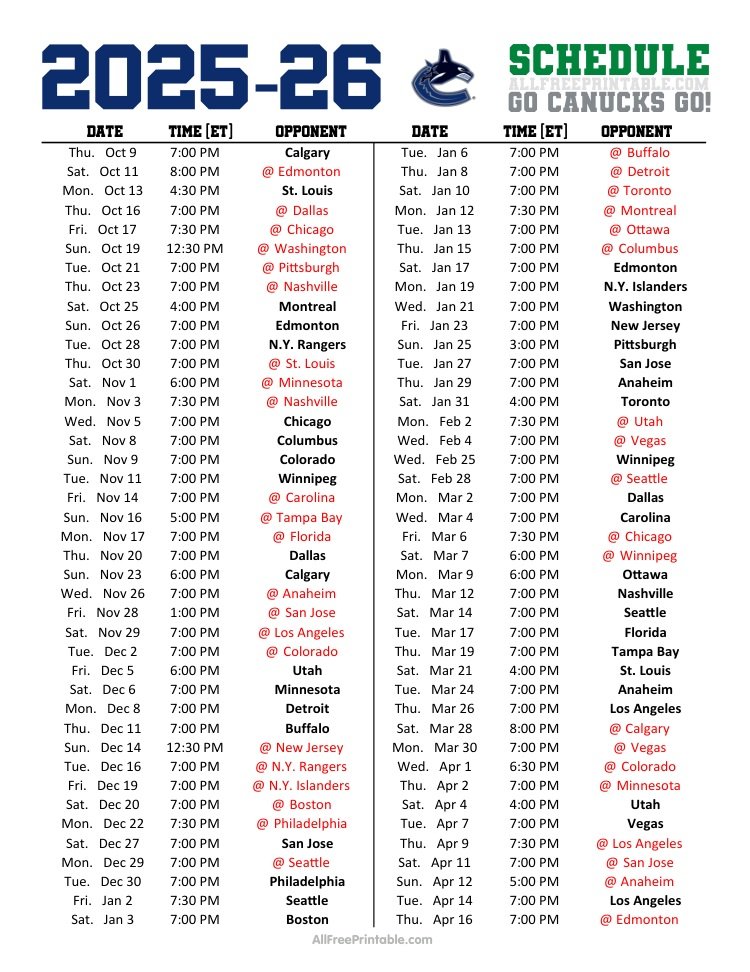 Free Printable 2025-26 Vancouver Canucks Schedule Free Printable 2025-26 Vancouver Canucks Schedule