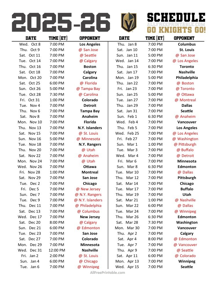 Free Printable 2025-26 Vegas Golden Knights Schedule Free Printable 2025-26 Vegas Golden Knights Schedule