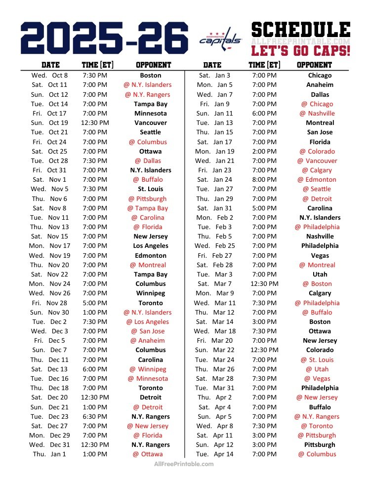 Free Printable 2025-26 Washington Capitals Schedule Free Printable 2025-26 Washington Capitals Schedule