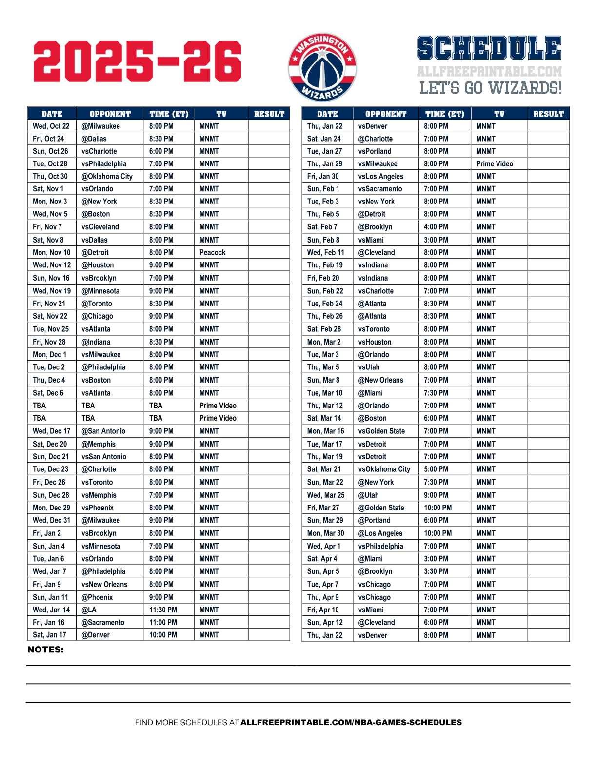 Free Printable 2025-26 Washington Wizards Schedule