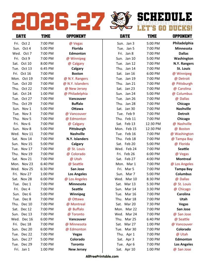 Free Printable 2026-27 Anaheim Ducks Schedule PDF