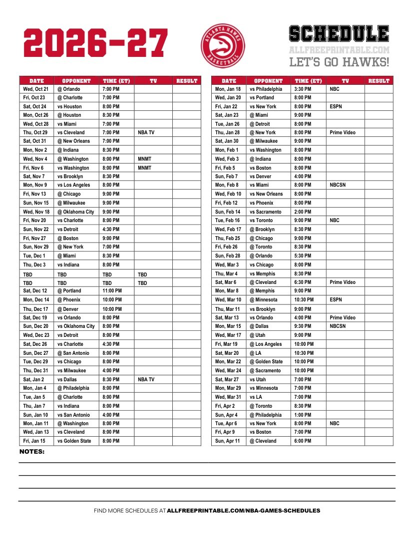 Free Printable 2026-27 Atlanta Hawks Schedule PDF