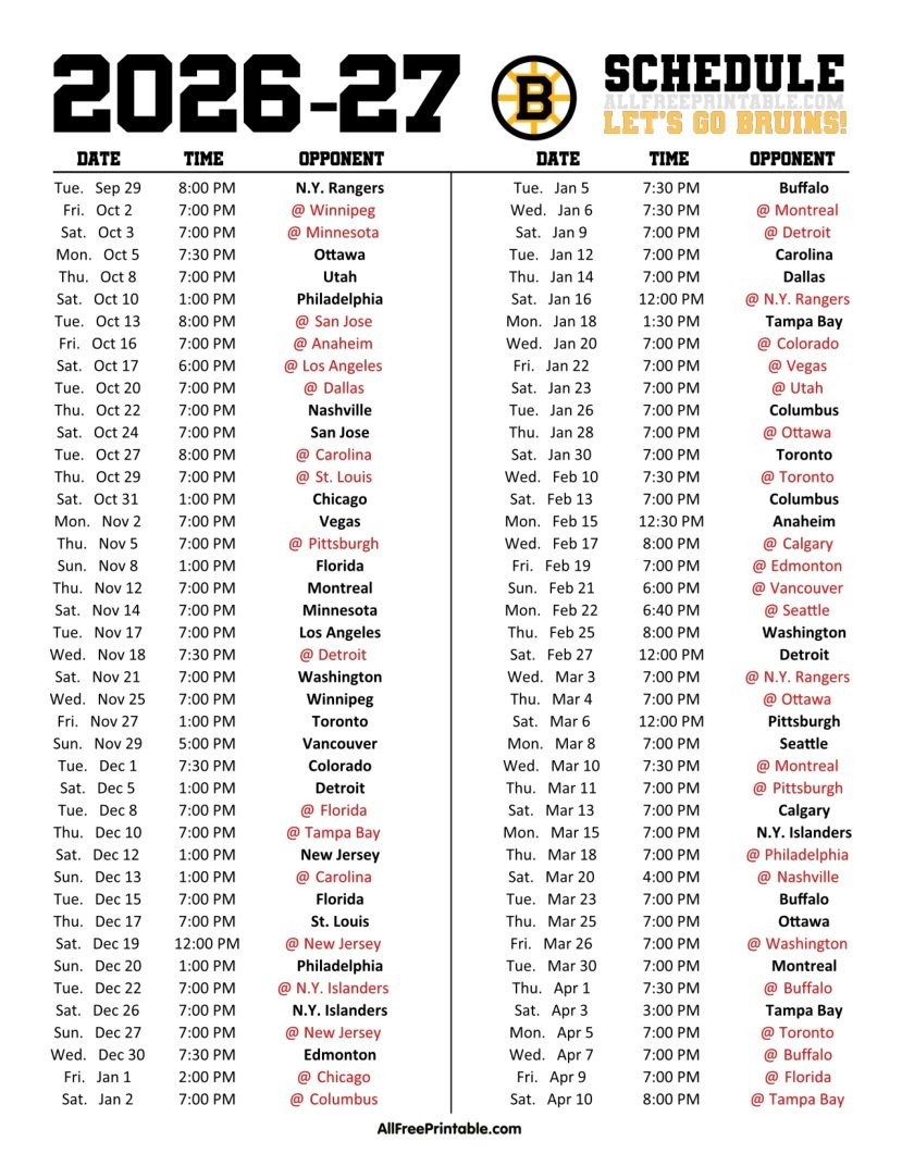 Free Printable 2026-27 Boston Bruins Schedule PDF