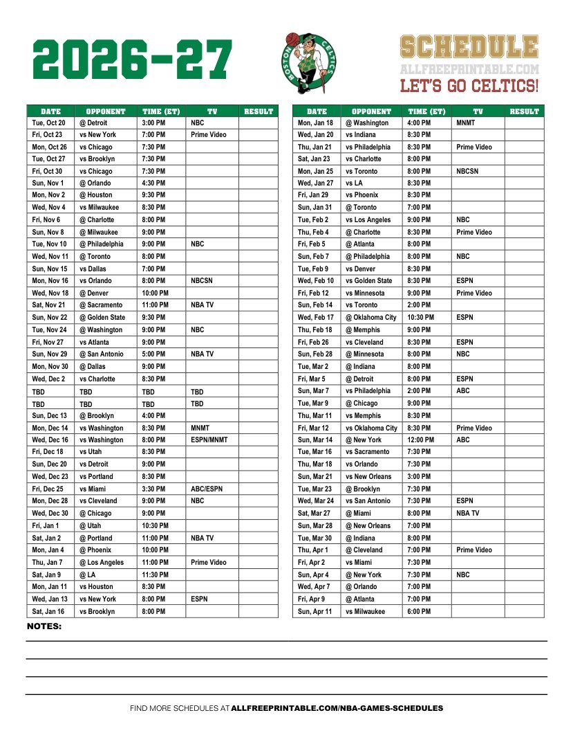 Free Printable 2026-27 Boston Celtics Schedule