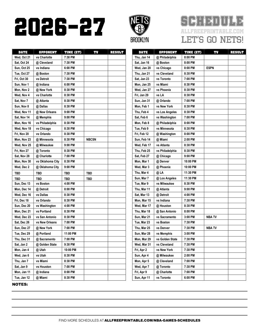 Free Printable 2026-27 Brooklyn Nets Schedule PDF