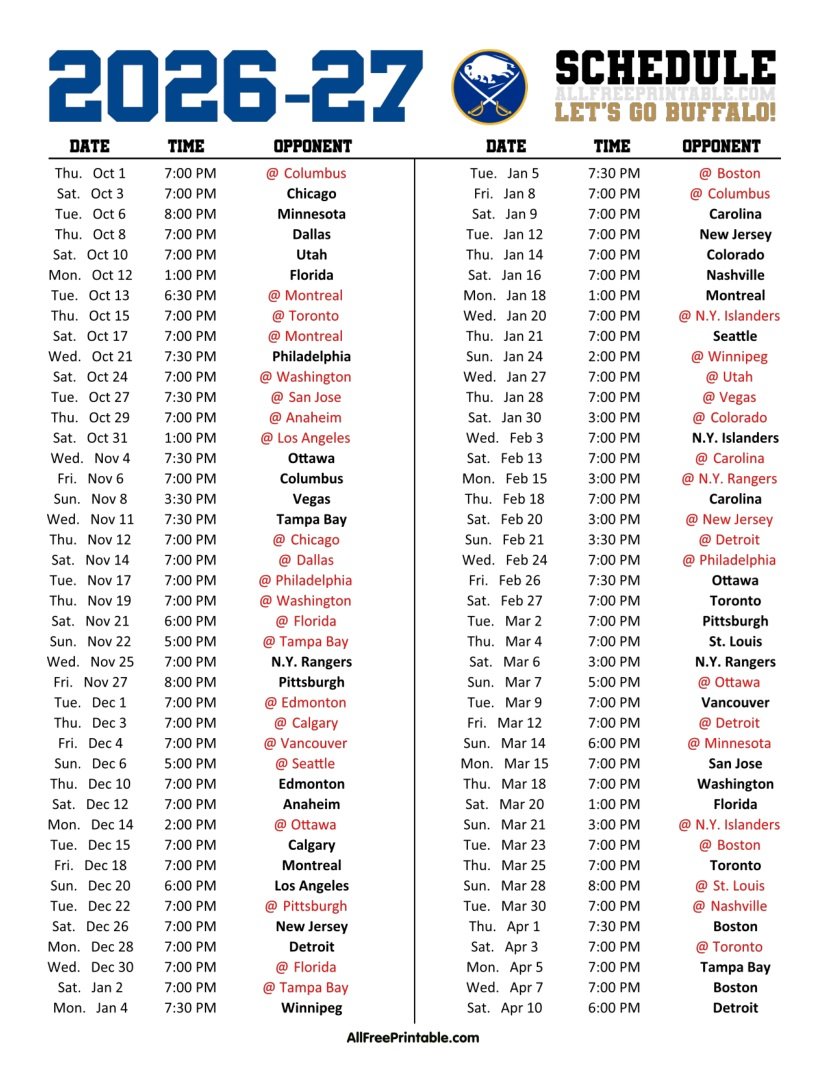 Free Printable 2026-27 Buffalo Sabres Schedule PDF