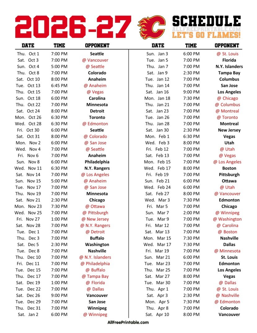 Free Printable 2026-27 Calgary Flames Schedule PDF