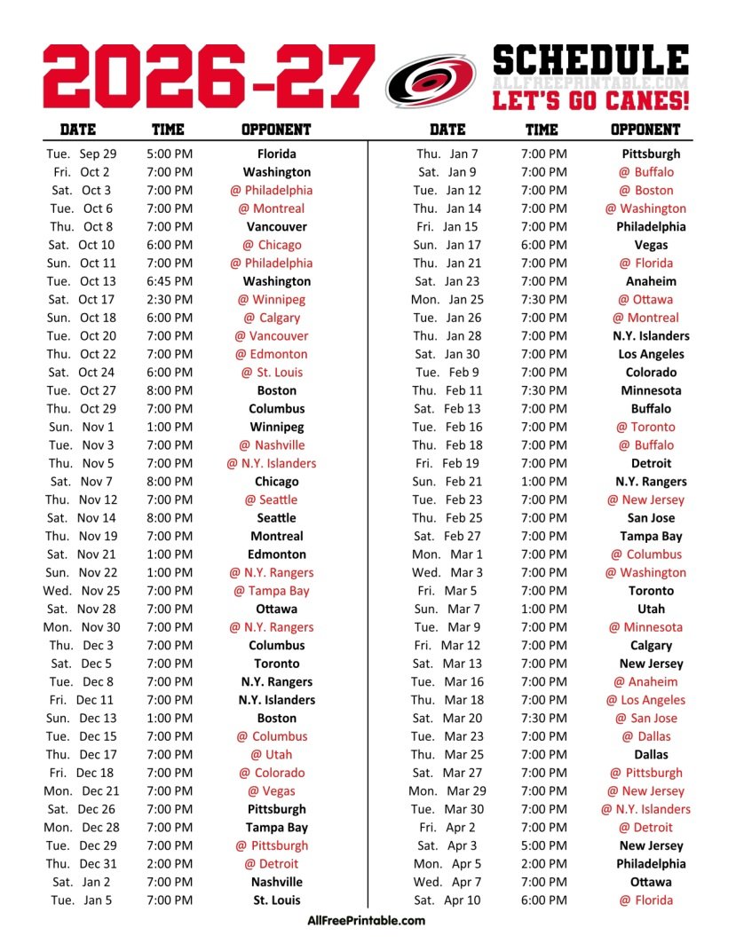 Free Printable 2026-27 Carolina Hurricanes Schedule PDF Free Printable 2026-27 Carolina Hurricanes Schedule PDF